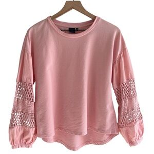 Kaari Blue Crochet Lace Top Small Pink Pullover Balloon Sleeve Crew Neck Boho